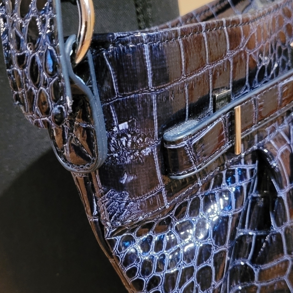 JESSICA Faux Patent Leather Bag, Dark Blue Croc Pattern, Adjustable Strap - Picture 14 of 16
